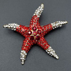 Yellow Gold with Ruby Red and White Diamond Crystal Starfish Pin Back Brooch